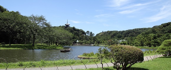 三渓園の大池と三重塔