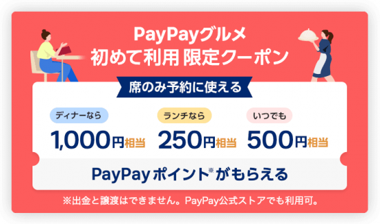 PayPayグルメ(R4.4.1～30 【席のみ予約に使える】初めて利用限定クーポン!!!①)