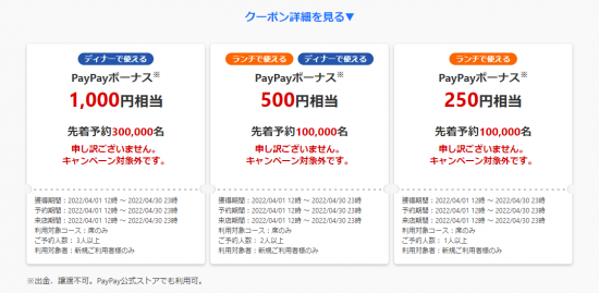 PayPayグルメ(R4.4.1～30 【席のみ予約に使える】初めて利用限定クーポン!!!②)